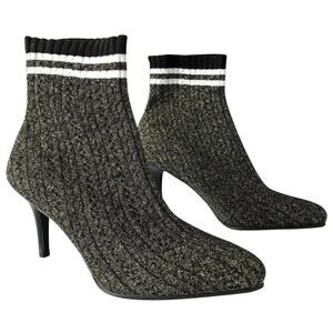 Stuart Weitzman Sock Bootie Black Gold Metallic Knit 6.5